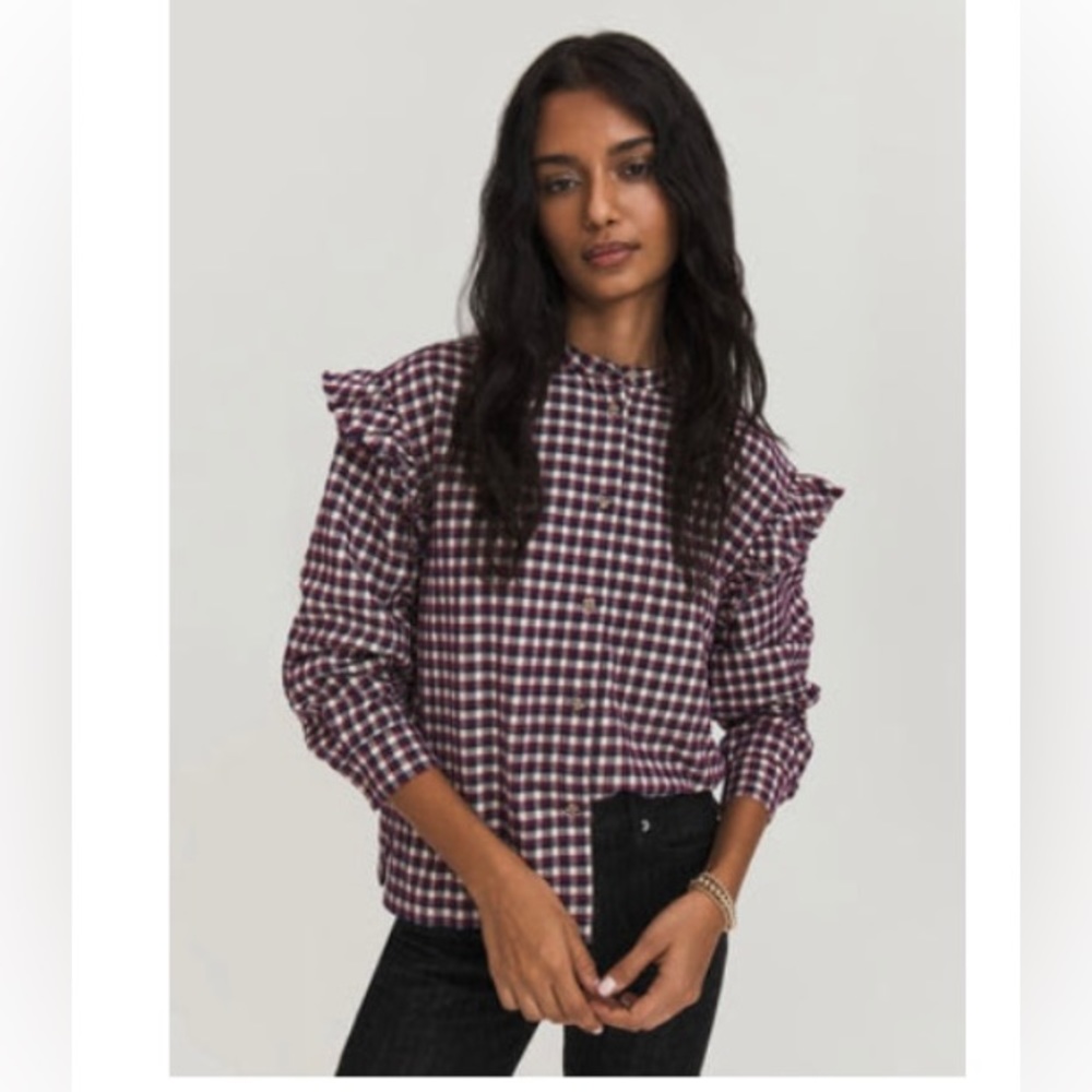 Something Navy Jamie Ruffle Sleeve Plaid Button Up
Maroon White XS